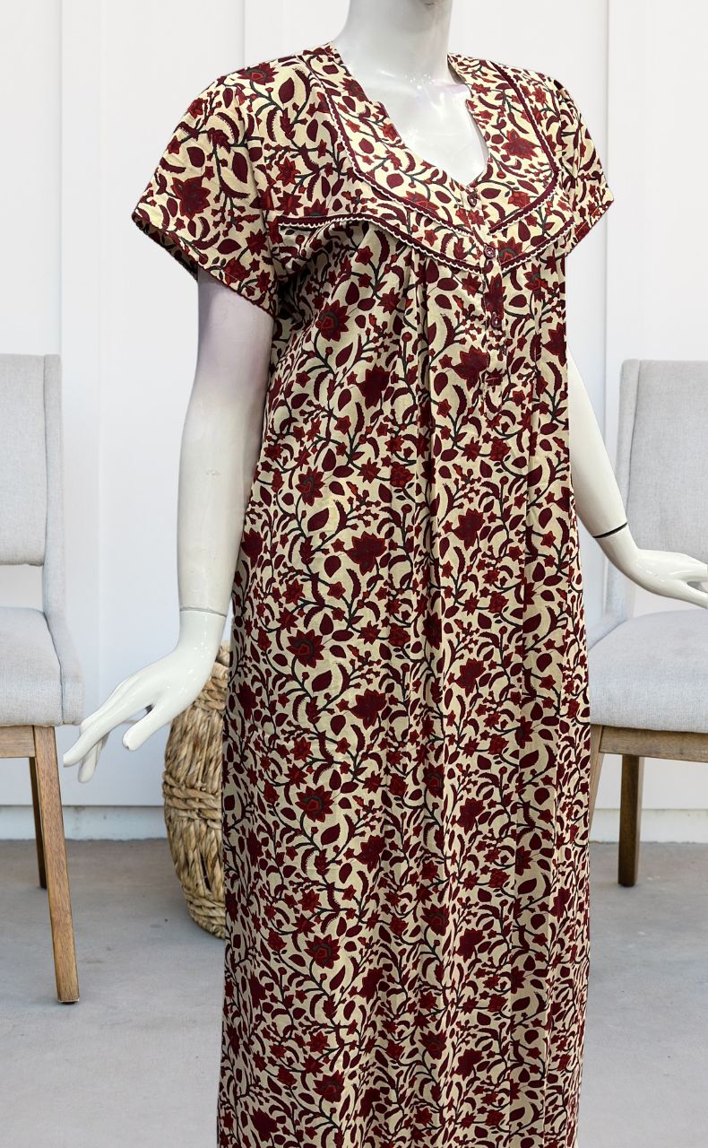 Off White/Red Garden Pure Cotton Nighty. Pure Durable Cotton | Laces and Frills - Laces and Frills