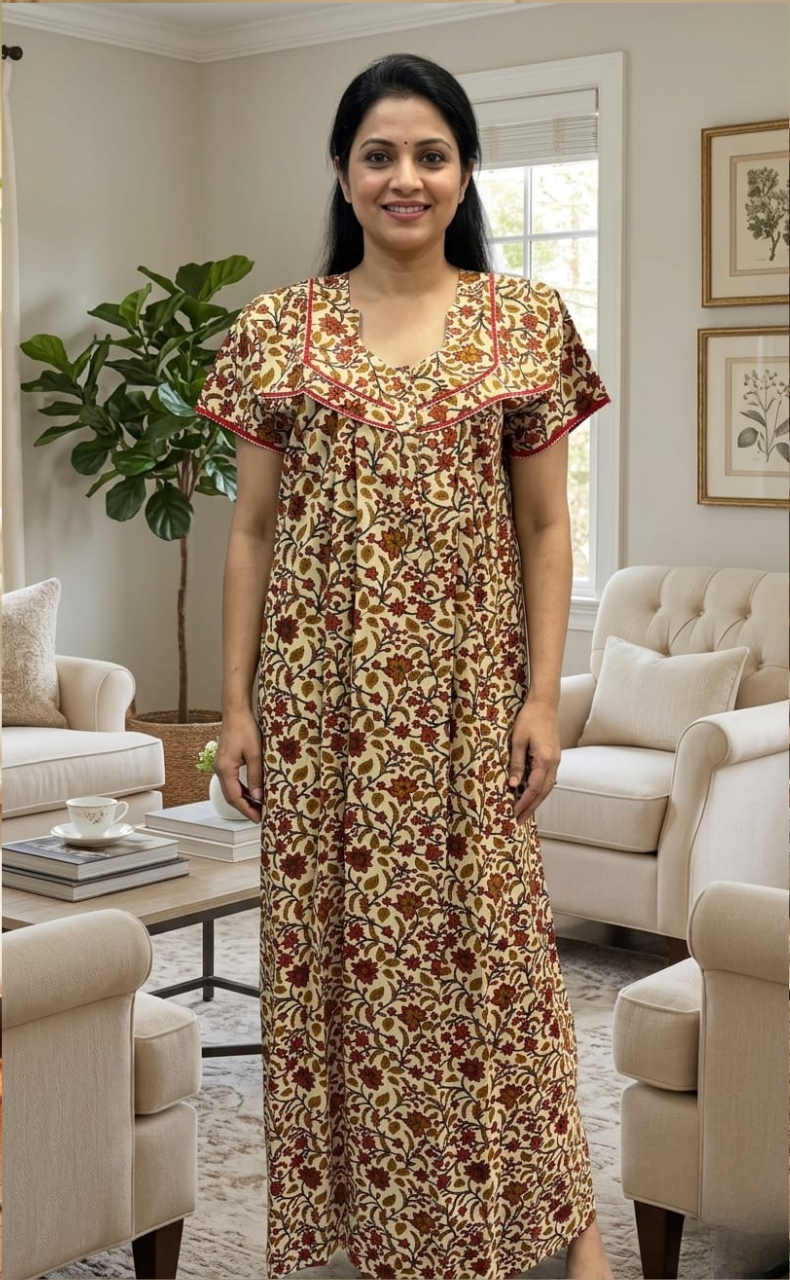Off White/Mustard Garden Pure Cotton Nighty. Pure Durable Cotton | Laces and Frills