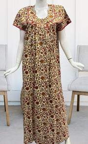 Off White/Mustard Garden Pure Cotton Nighty. Pure Durable Cotton | Laces and Frills - Laces and Frills