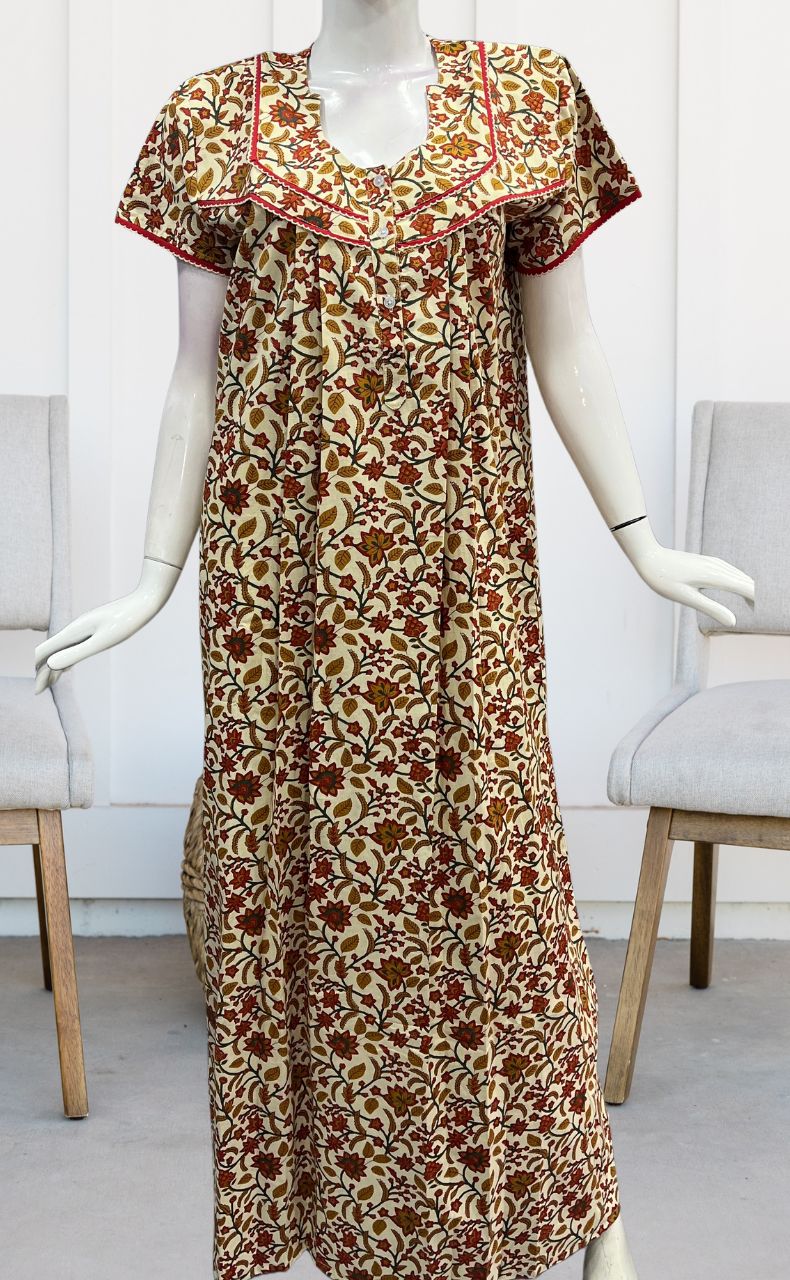 Off White/Mustard Garden Pure Cotton Nighty. Pure Durable Cotton | Laces and Frills - Laces and Frills