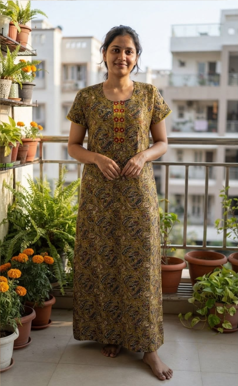 Yellow KalamKari Pure Cotton Nighty. Pure Durable Cotton | Laces and Frills