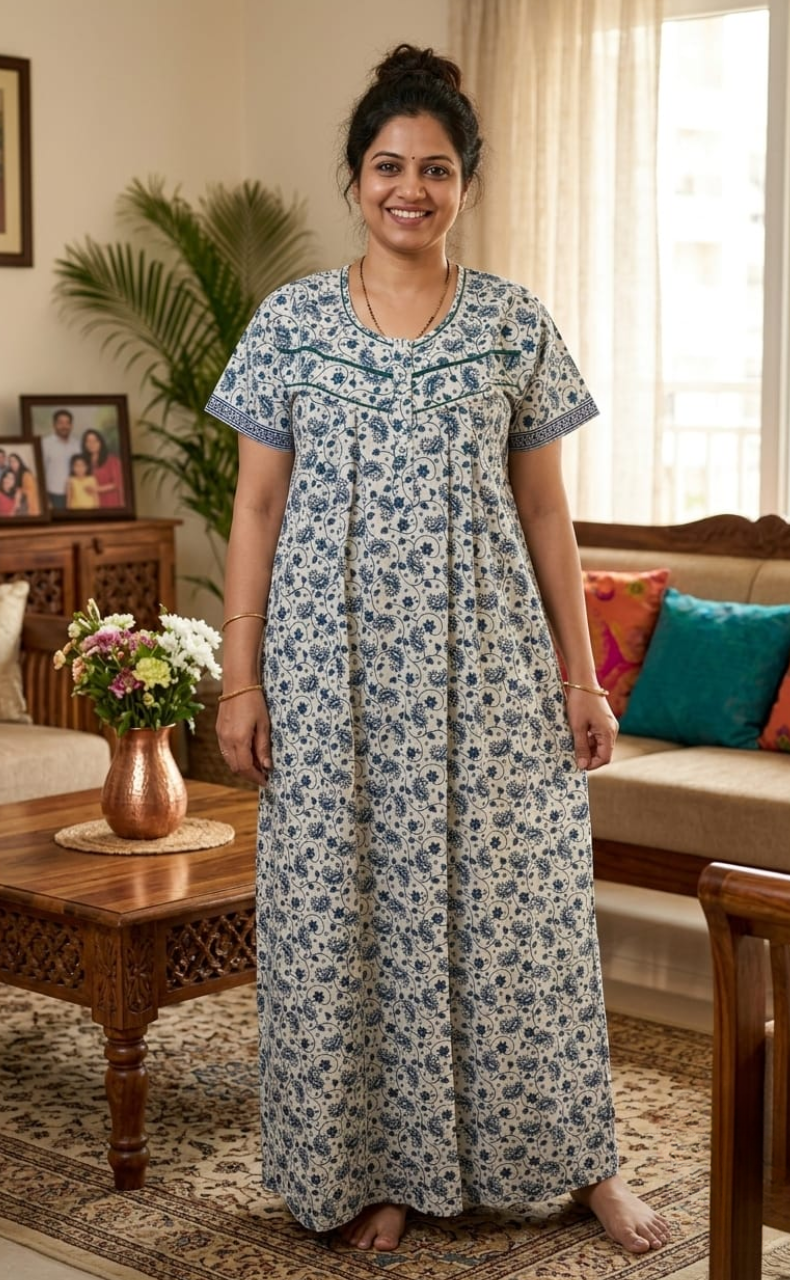 White/Green Blue Manga Motifs Pure Cotton Nighty. Pure Durable Cotton | Laces and Frills