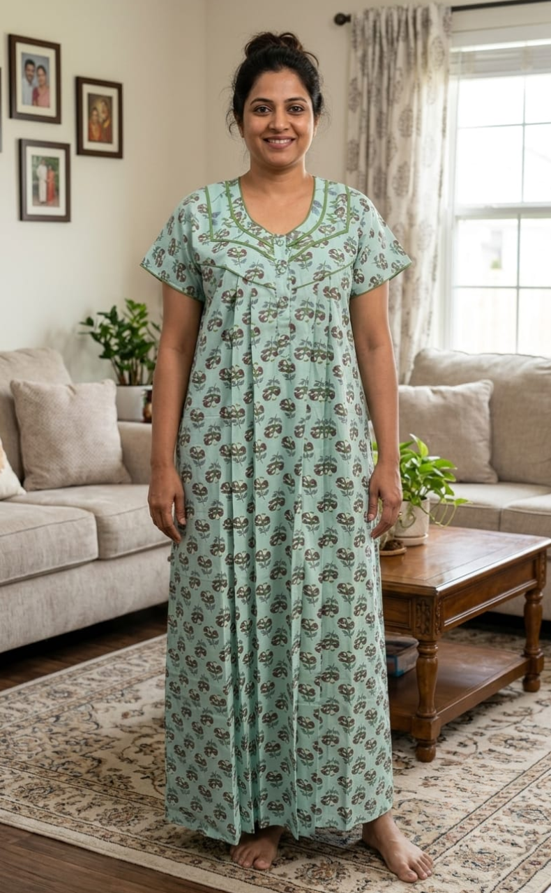 Sea Green/Maroon Floral Pure Cotton Nighty. Pure Durable Cotton | Laces and Frills