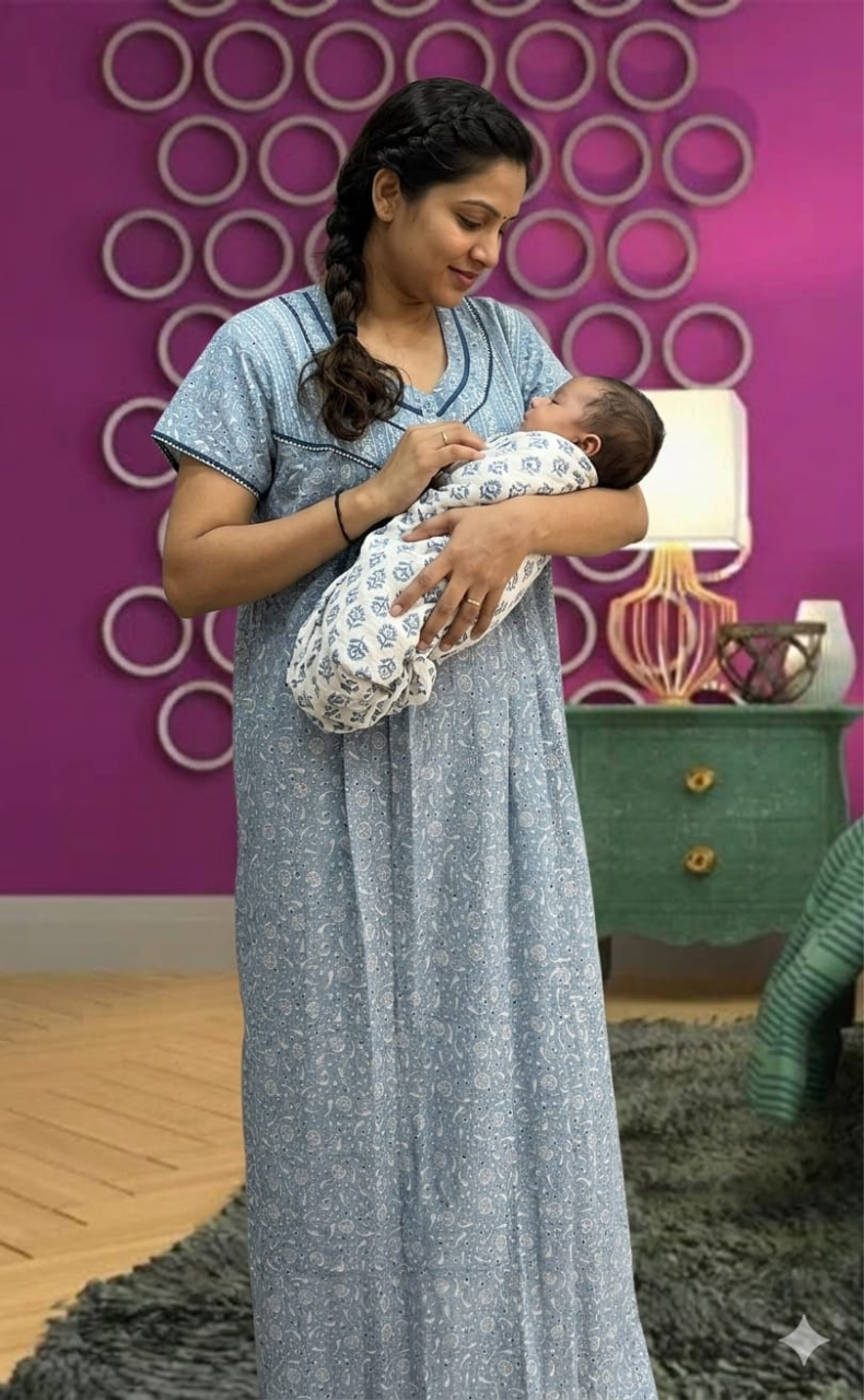 Blue Garden Pure Cotton Feeding Nursing Nighty . Pure Durable Cotton | Laces and Frills - Laces and Frills