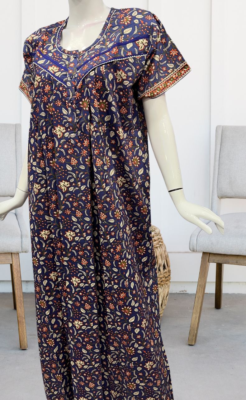 Blue/Orange Garden Pure Cotton Nighty. Pure Durable Cotton | Laces and Frills - Laces and Frills