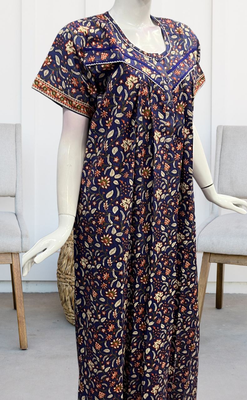 Blue/Orange Garden Pure Cotton Nighty. Pure Durable Cotton | Laces and Frills - Laces and Frills