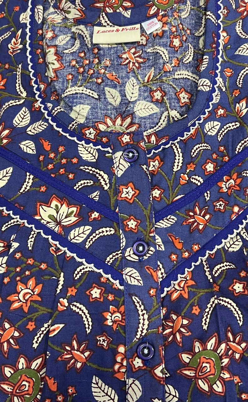 Blue/Orange Garden Pure Cotton Nighty. Pure Durable Cotton | Laces and Frills - Laces and Frills