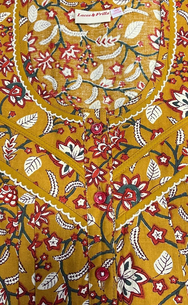 Mustard/Red Garden Pure Cotton Nighty. Pure Durable Cotton | Laces and Frills - Laces and Frills