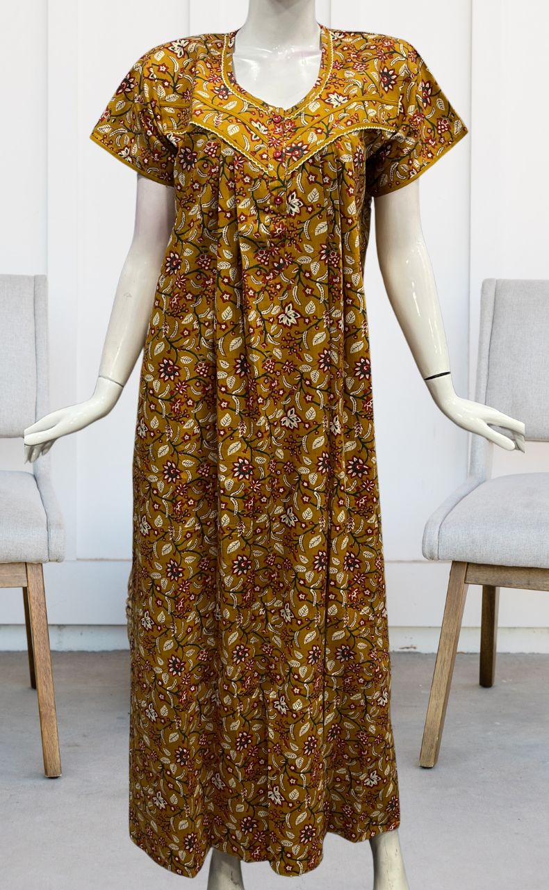 Mustard/Red Garden Pure Cotton Nighty. Pure Durable Cotton | Laces and Frills - Laces and Frills
