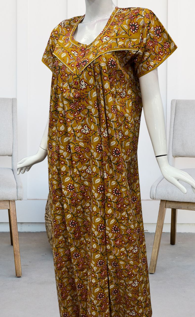 Mustard/Red Garden Pure Cotton Nighty. Pure Durable Cotton | Laces and Frills - Laces and Frills