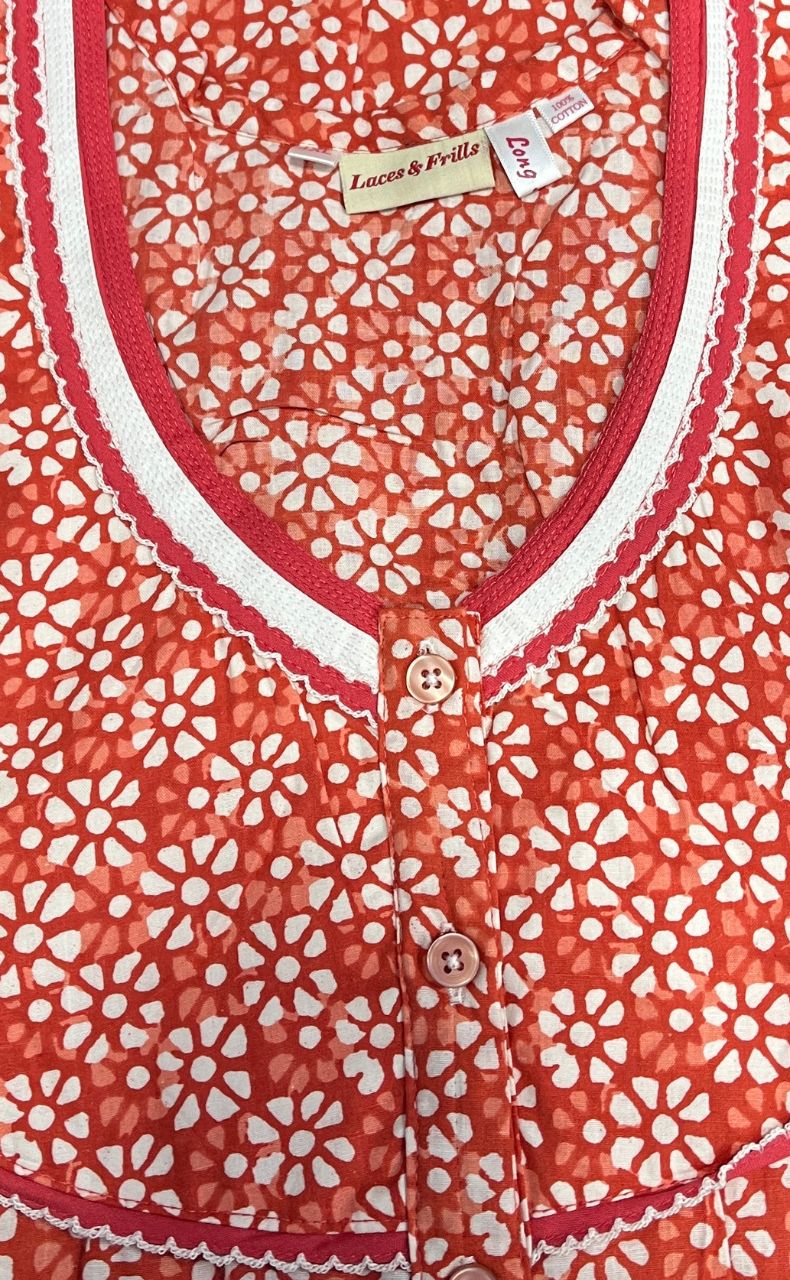 Peach Flora Pure Cotton Long Sleeves Nighty.Soft Breathable Fabric | Laces and Frills - Laces and Frills
