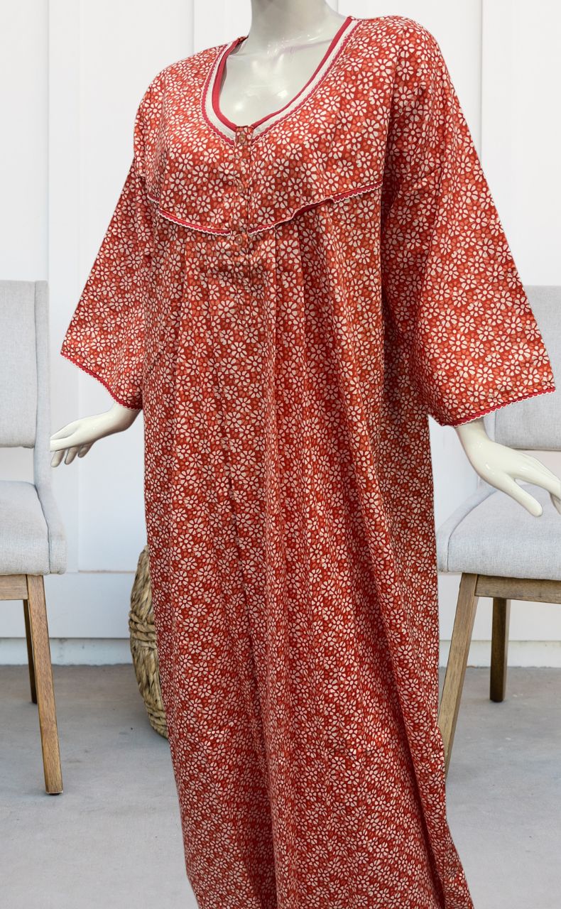 Peach Flora Pure Cotton Long Sleeves Nighty.Soft Breathable Fabric | Laces and Frills - Laces and Frills