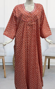 Peach Flora Pure Cotton Long Sleeves Nighty.Soft Breathable Fabric | Laces and Frills - Laces and Frills