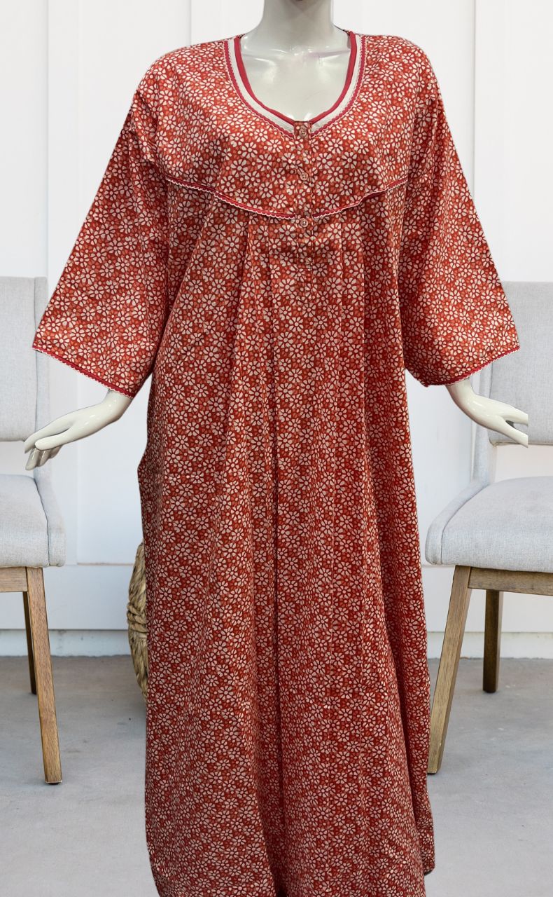 Peach Flora Pure Cotton Long Sleeves Nighty.Soft Breathable Fabric | Laces and Frills - Laces and Frills
