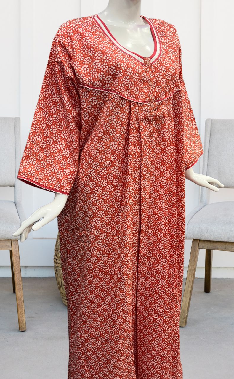 Peach Flora Pure Cotton Long Sleeves Nighty.Soft Breathable Fabric | Laces and Frills - Laces and Frills
