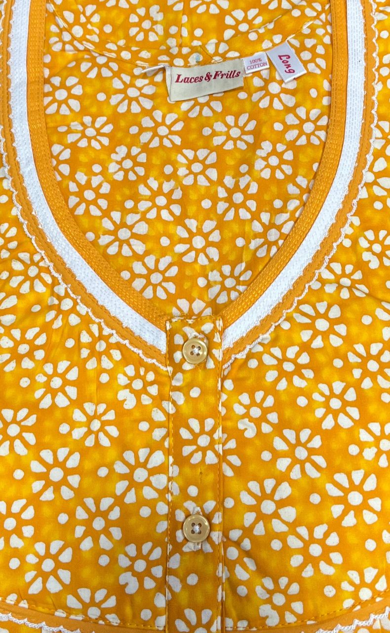 Yellow Flora Pure Cotton Long Sleeves Nighty.Soft Breathable Fabric | Laces and Frills - Laces and Frills