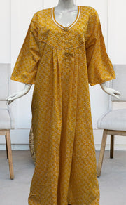 Yellow Flora Pure Cotton Long Sleeves Nighty.Soft Breathable Fabric | Laces and Frills - Laces and Frills