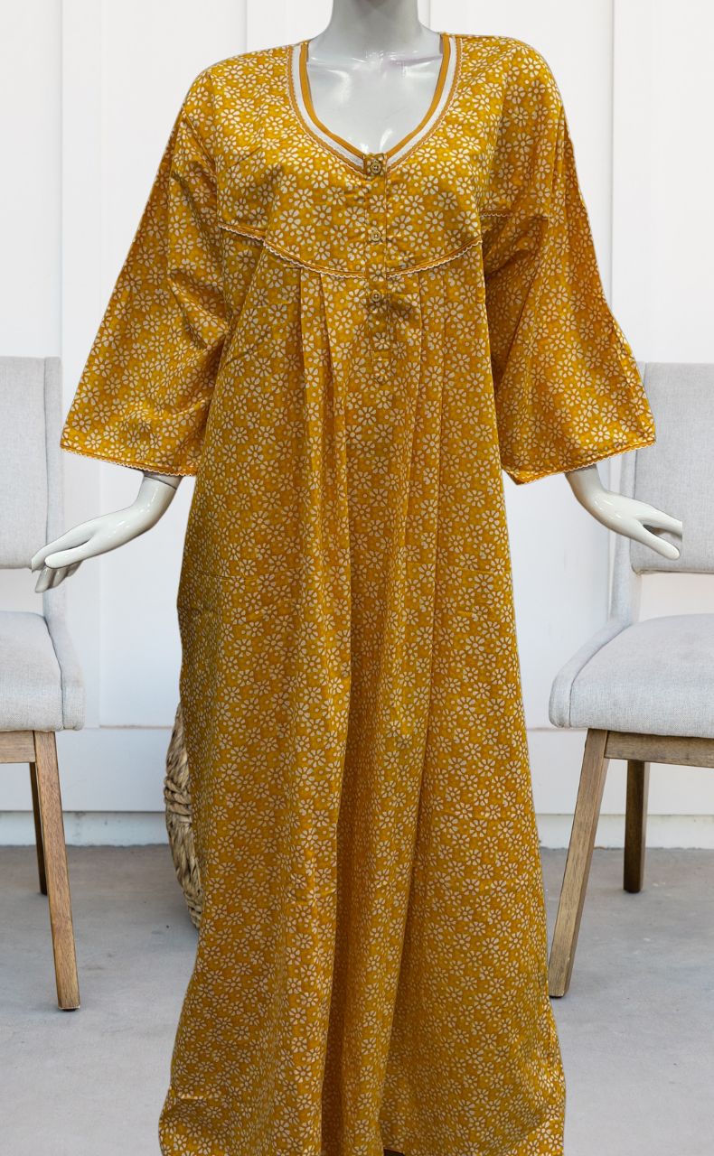 Yellow Flora Pure Cotton Long Sleeves Nighty.Soft Breathable Fabric | Laces and Frills - Laces and Frills