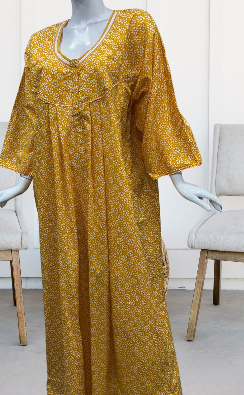 Yellow Flora Pure Cotton Long Sleeves Nighty.Soft Breathable Fabric | Laces and Frills - Laces and Frills
