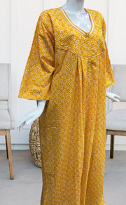 Yellow Flora Pure Cotton Long Sleeves Nighty.Soft Breathable Fabric | Laces and Frills - Laces and Frills