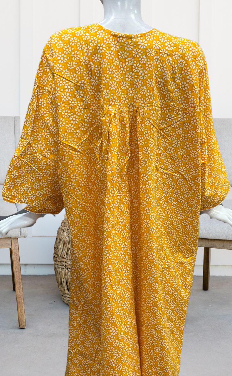 Yellow Flora Pure Cotton Long Sleeves Nighty.Soft Breathable Fabric | Laces and Frills - Laces and Frills