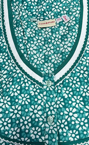 Sea Green Flora Pure Cotton Long Sleeves Nighty.Soft Breathable Fabric | Laces and Frills - Laces and Frills
