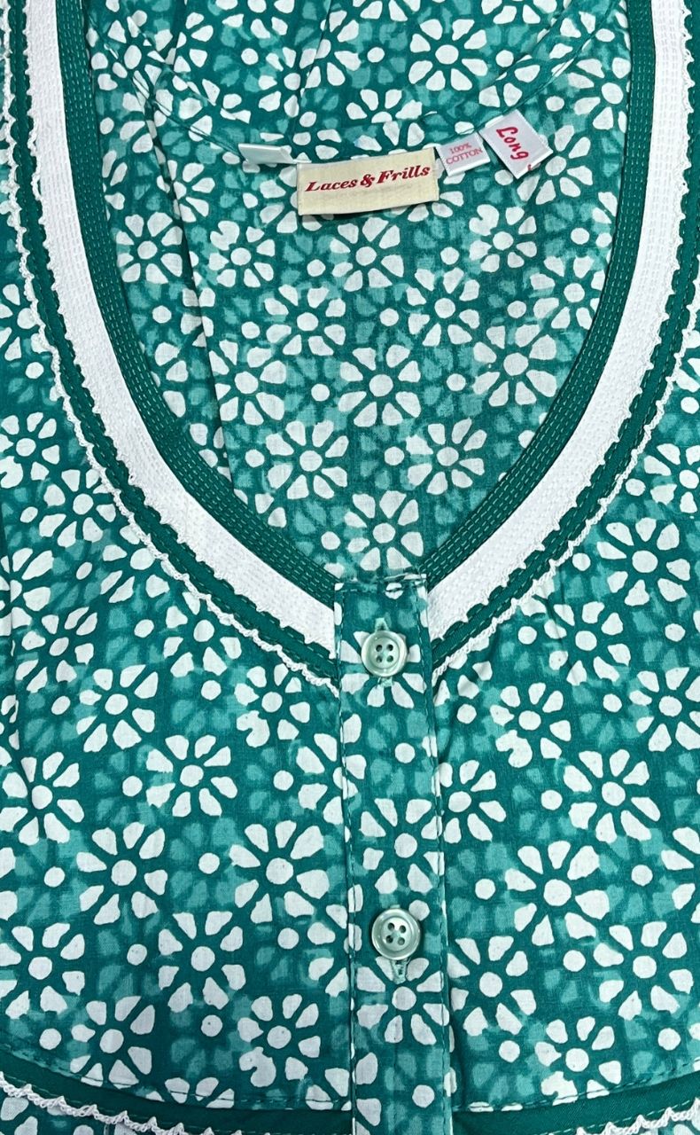Sea Green Flora Pure Cotton Long Sleeves Nighty.Soft Breathable Fabric | Laces and Frills - Laces and Frills