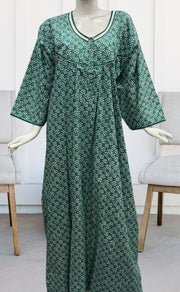 Sea Green Flora Pure Cotton Long Sleeves Nighty.Soft Breathable Fabric | Laces and Frills - Laces and Frills