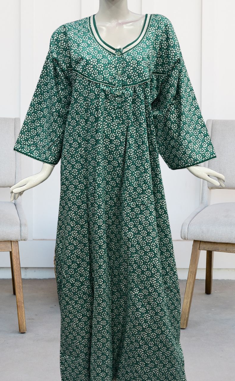 Sea Green Flora Pure Cotton Long Sleeves Nighty.Soft Breathable Fabric | Laces and Frills - Laces and Frills
