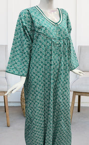 Sea Green Flora Pure Cotton Long Sleeves Nighty.Soft Breathable Fabric | Laces and Frills - Laces and Frills