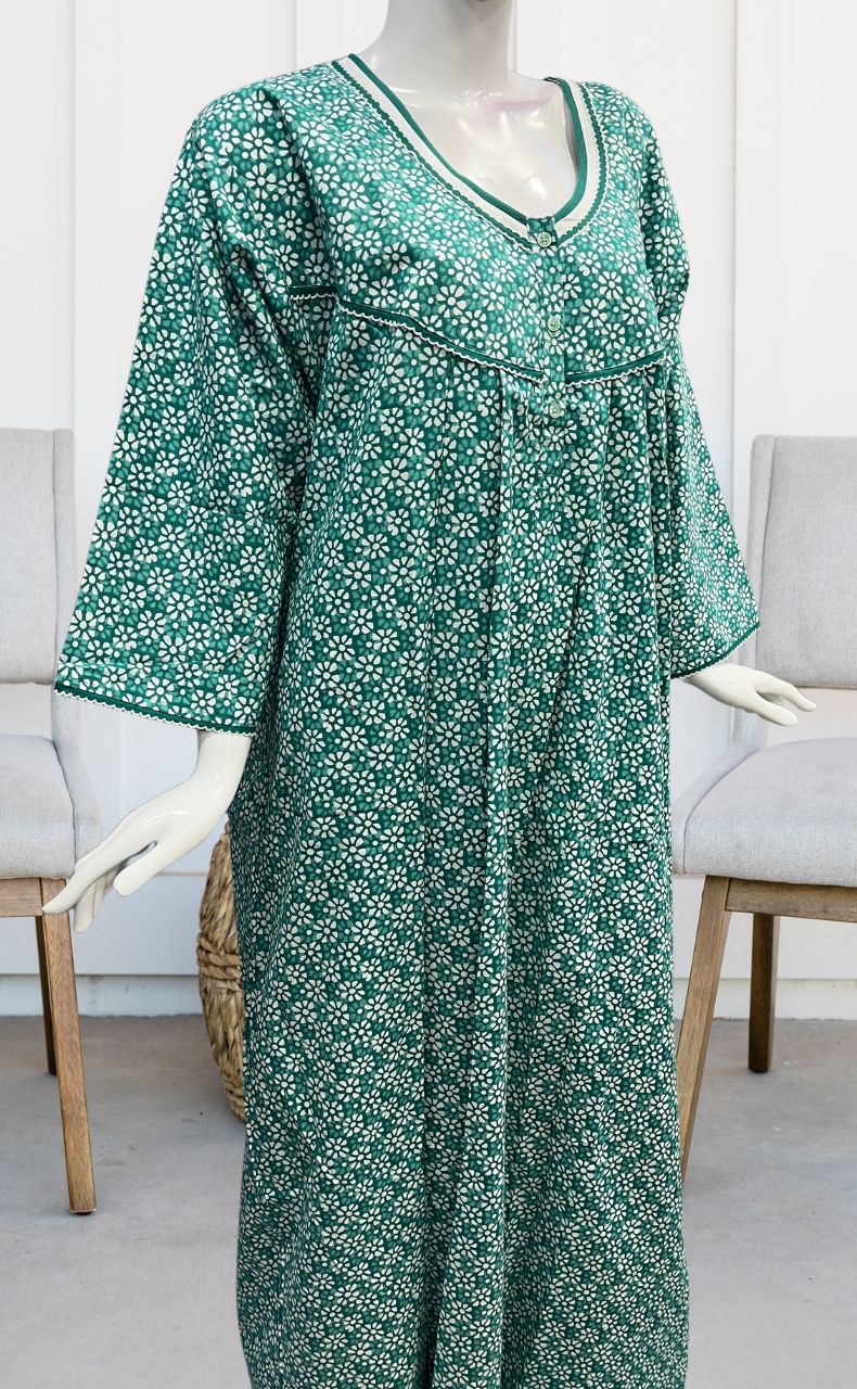 Sea Green Flora Pure Cotton Long Sleeves Nighty.Soft Breathable Fabric | Laces and Frills - Laces and Frills