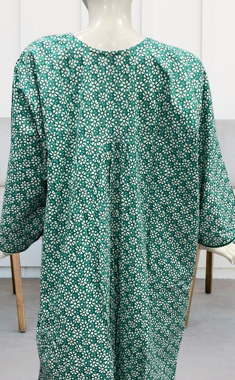 Sea Green Flora Pure Cotton Long Sleeves Nighty.Soft Breathable Fabric | Laces and Frills - Laces and Frills