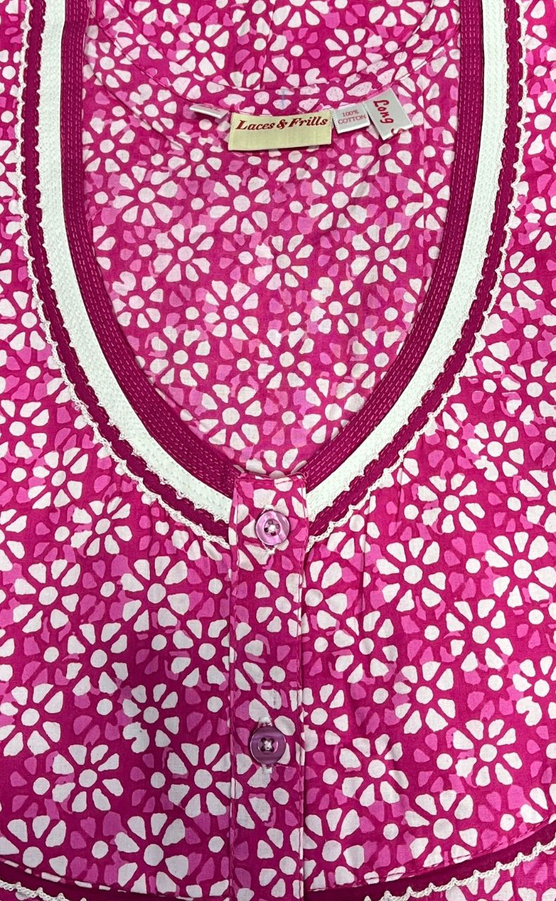 Pink Flora Pure Cotton Long Sleeves Nighty.Soft Breathable Fabric | Laces and Frills - Laces and Frills