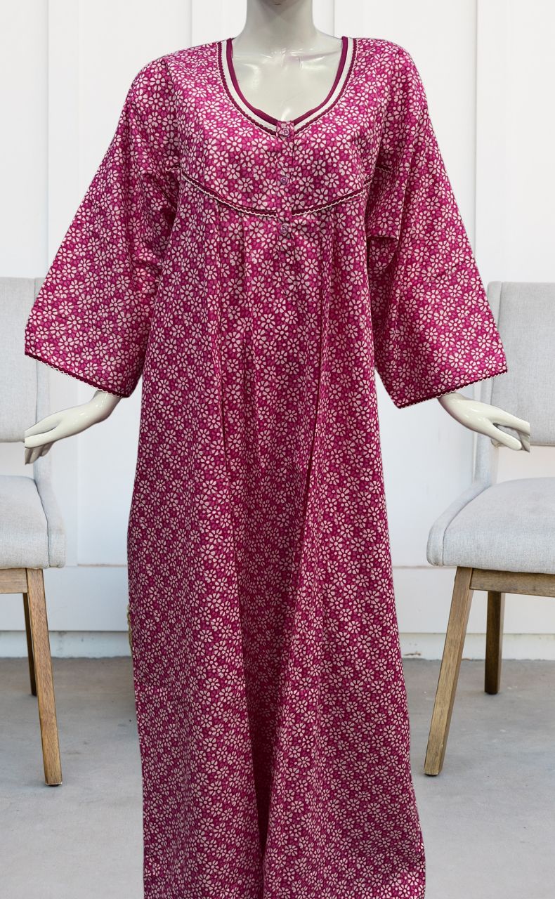 Pink Flora Pure Cotton Long Sleeves Nighty.Soft Breathable Fabric | Laces and Frills - Laces and Frills