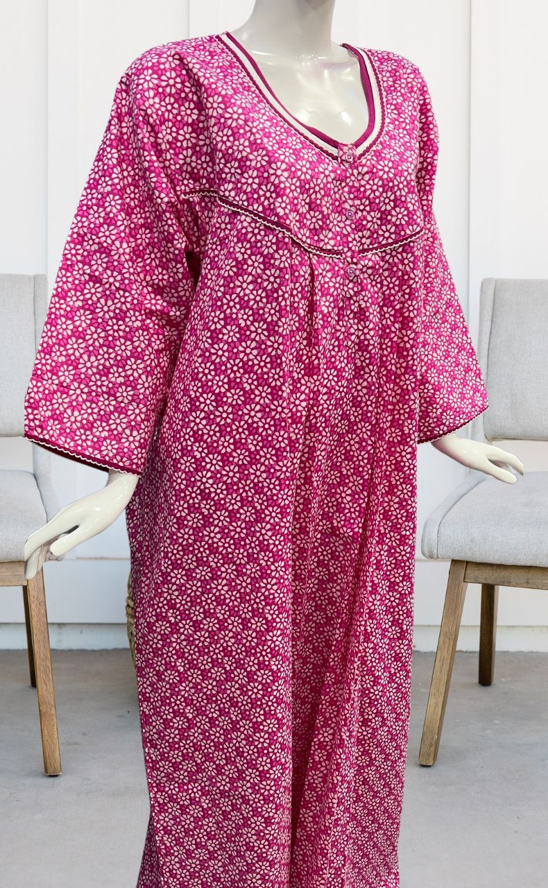 Pink Flora Pure Cotton Long Sleeves Nighty.Soft Breathable Fabric | Laces and Frills - Laces and Frills