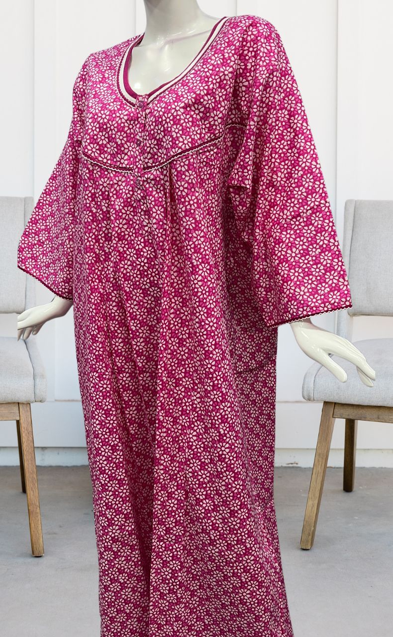 Pink Flora Pure Cotton Long Sleeves Nighty.Soft Breathable Fabric | Laces and Frills - Laces and Frills