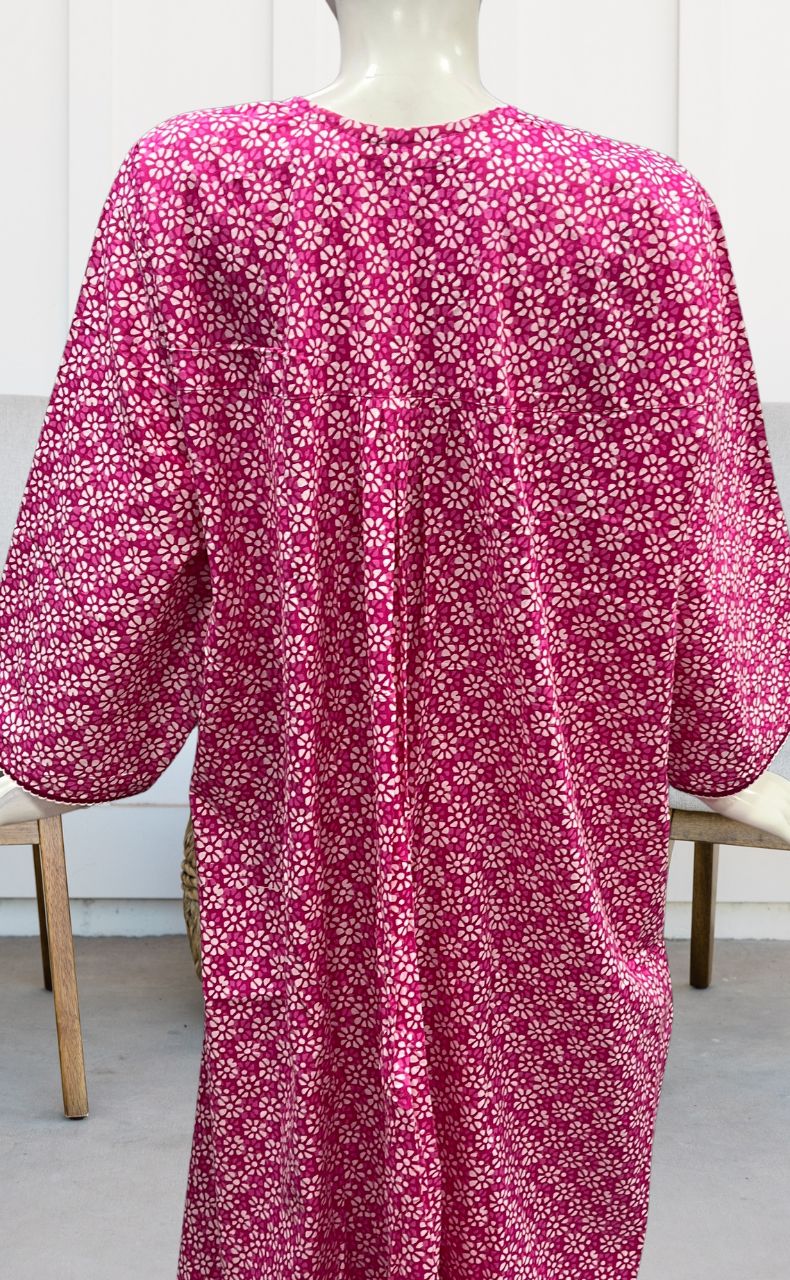 Pink Flora Pure Cotton Long Sleeves Nighty.Soft Breathable Fabric | Laces and Frills - Laces and Frills