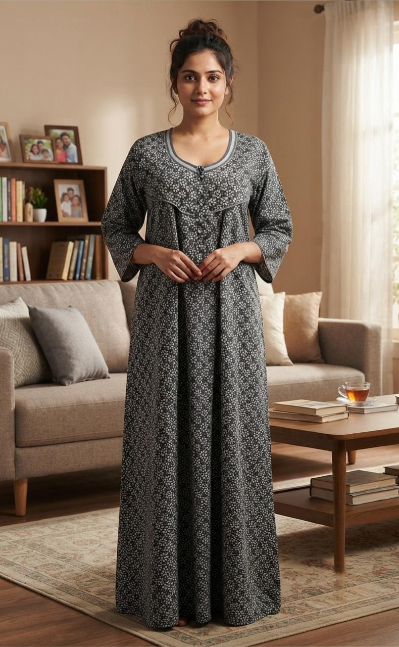 Grey Flora Pure Cotton Long Sleeves Nighty.Soft Breathable Fabric | Laces and Frills