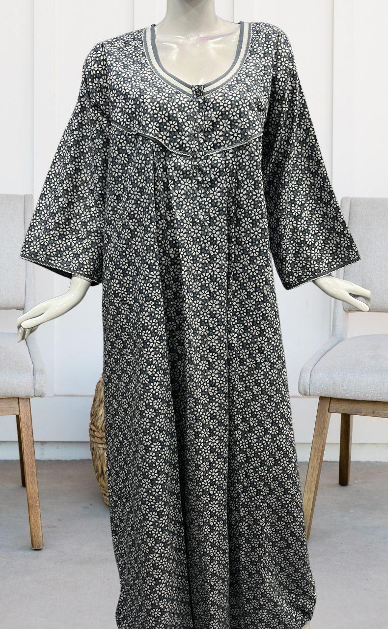 Grey Flora Pure Cotton Long Sleeves Nighty.Soft Breathable Fabric | Laces and Frills - Laces and Frills
