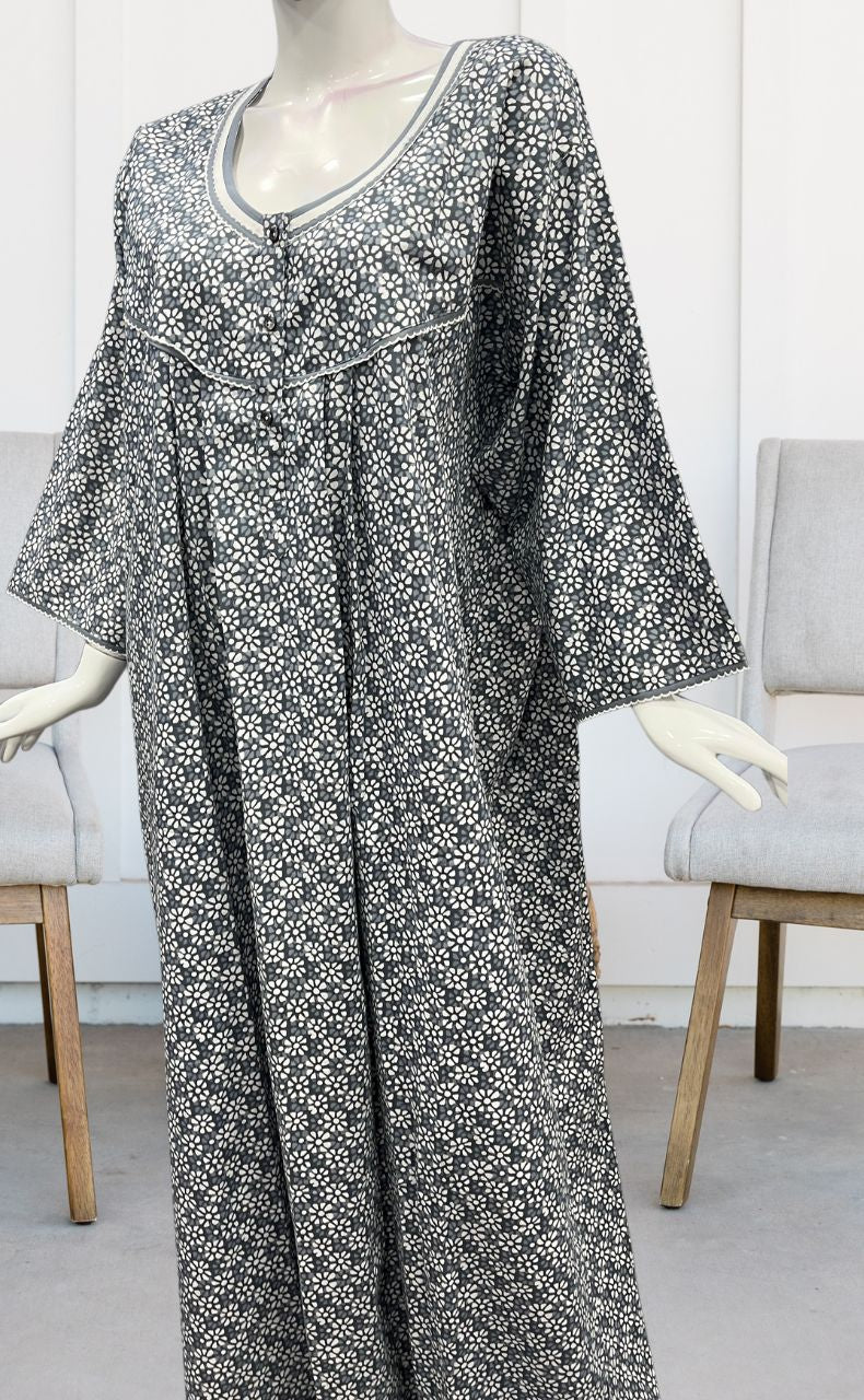 Grey Flora Pure Cotton Long Sleeves Nighty.Soft Breathable Fabric | Laces and Frills - Laces and Frills