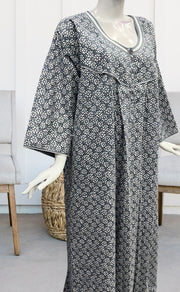 Grey Flora Pure Cotton Long Sleeves Nighty.Soft Breathable Fabric | Laces and Frills - Laces and Frills