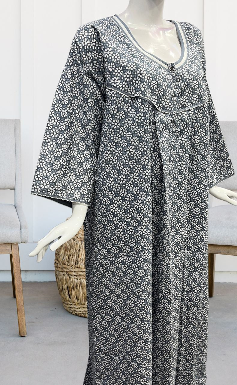 Grey Flora Pure Cotton Long Sleeves Nighty.Soft Breathable Fabric | Laces and Frills - Laces and Frills