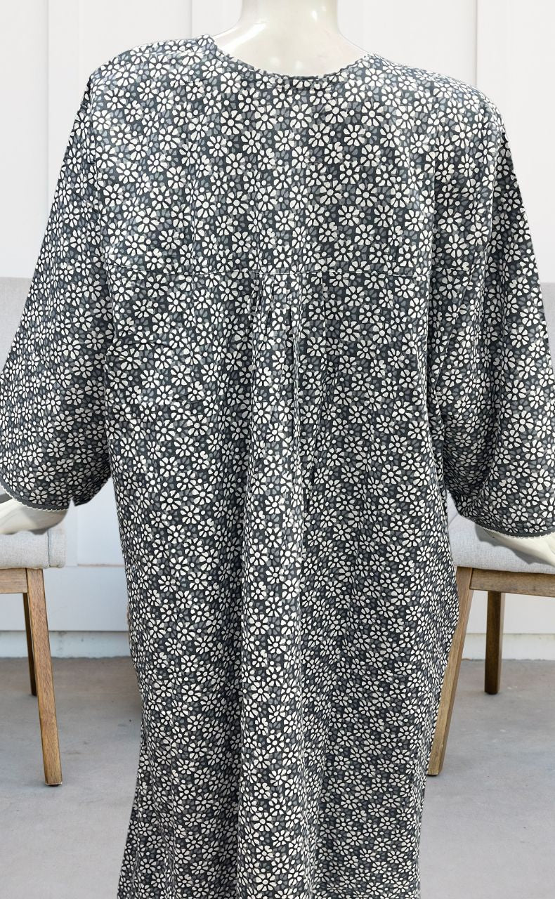 Grey Flora Pure Cotton Long Sleeves Nighty.Soft Breathable Fabric | Laces and Frills - Laces and Frills
