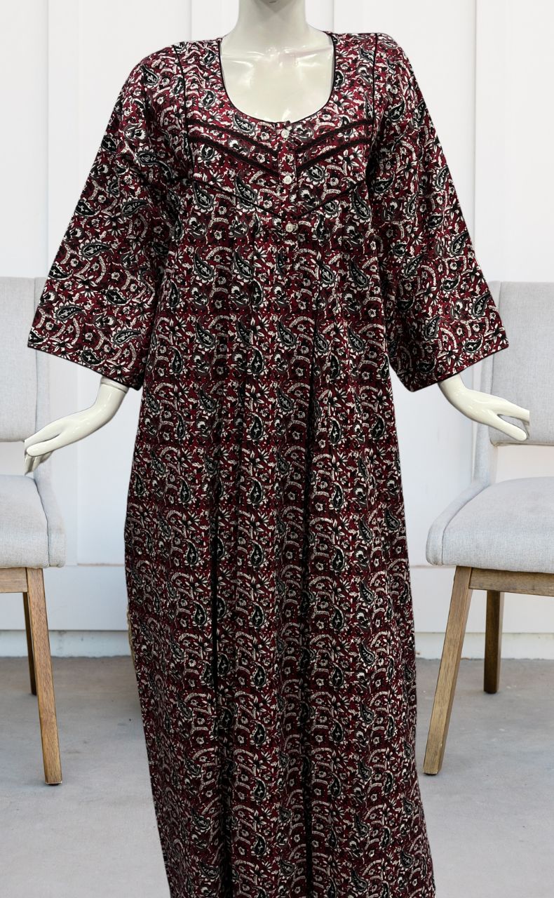 Maroon/Black Manga Motifs Pure Cotton Long Sleeves Nighty.Soft Breathable Fabric | Laces and Frills - Laces and Frills