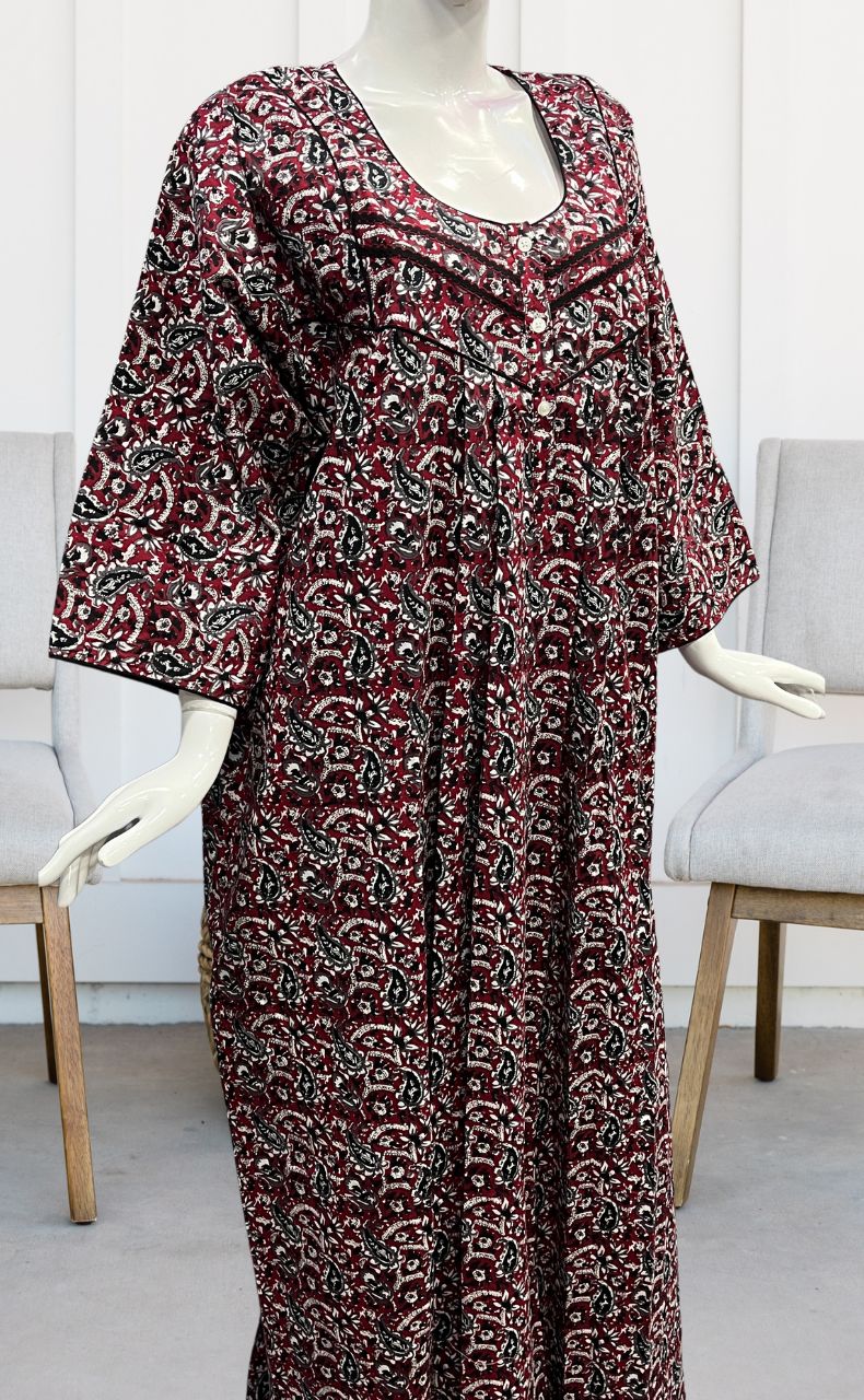 Maroon/Black Manga Motifs Pure Cotton Long Sleeves Nighty.Soft Breathable Fabric | Laces and Frills - Laces and Frills