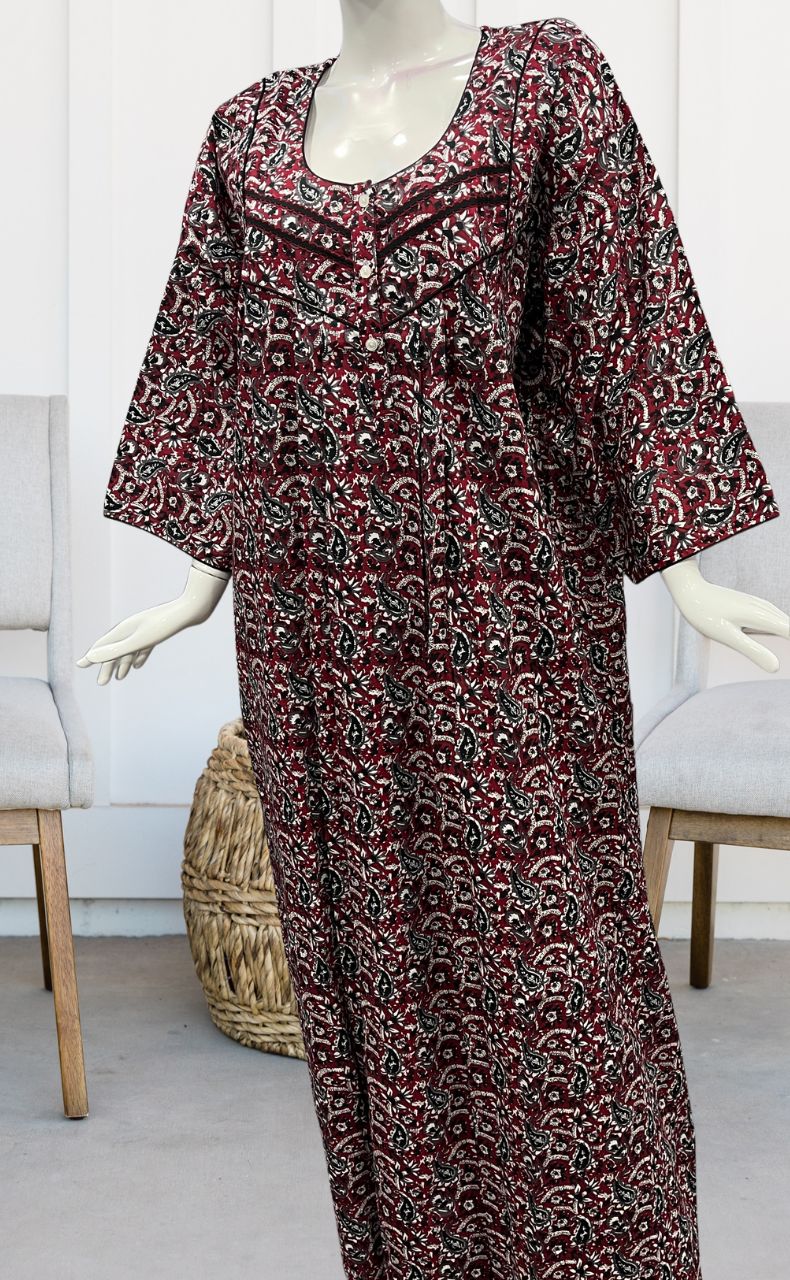 Maroon/Black Manga Motifs Pure Cotton Long Sleeves Nighty.Soft Breathable Fabric | Laces and Frills - Laces and Frills
