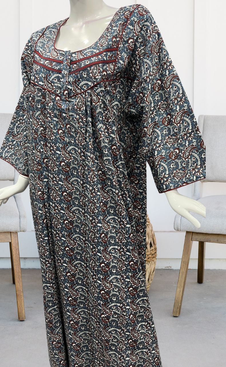 Grey/Maroon Manga Motifs Pure Cotton Long Sleeves Nighty.Soft Breathable Fabric | Laces and Frills - Laces and Frills