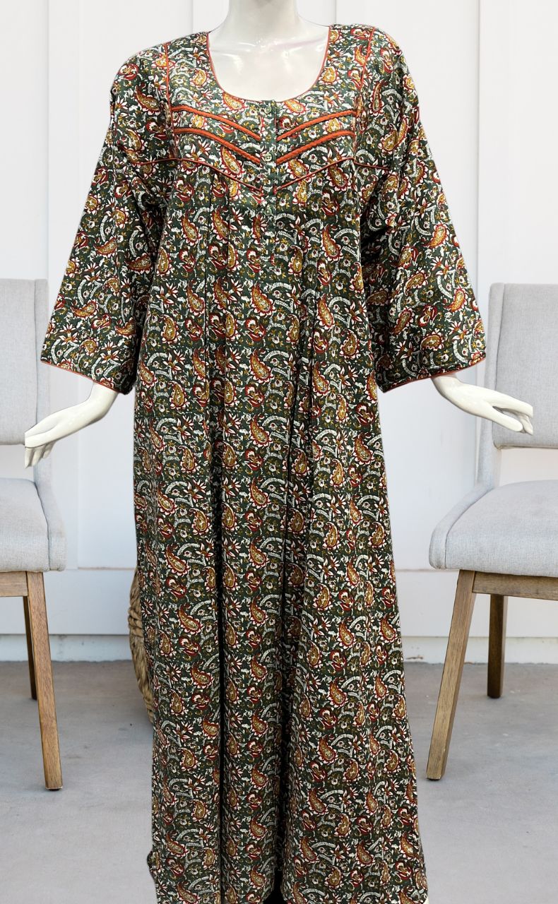 Green/Orange Manga Motifs Pure Cotton Long Sleeves Nighty.Soft Breathable Fabric | Laces and Frills - Laces and Frills