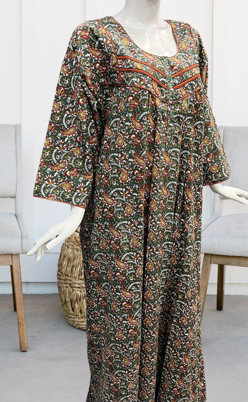 Green/Orange Manga Motifs Pure Cotton Long Sleeves Nighty.Soft Breathable Fabric | Laces and Frills - Laces and Frills