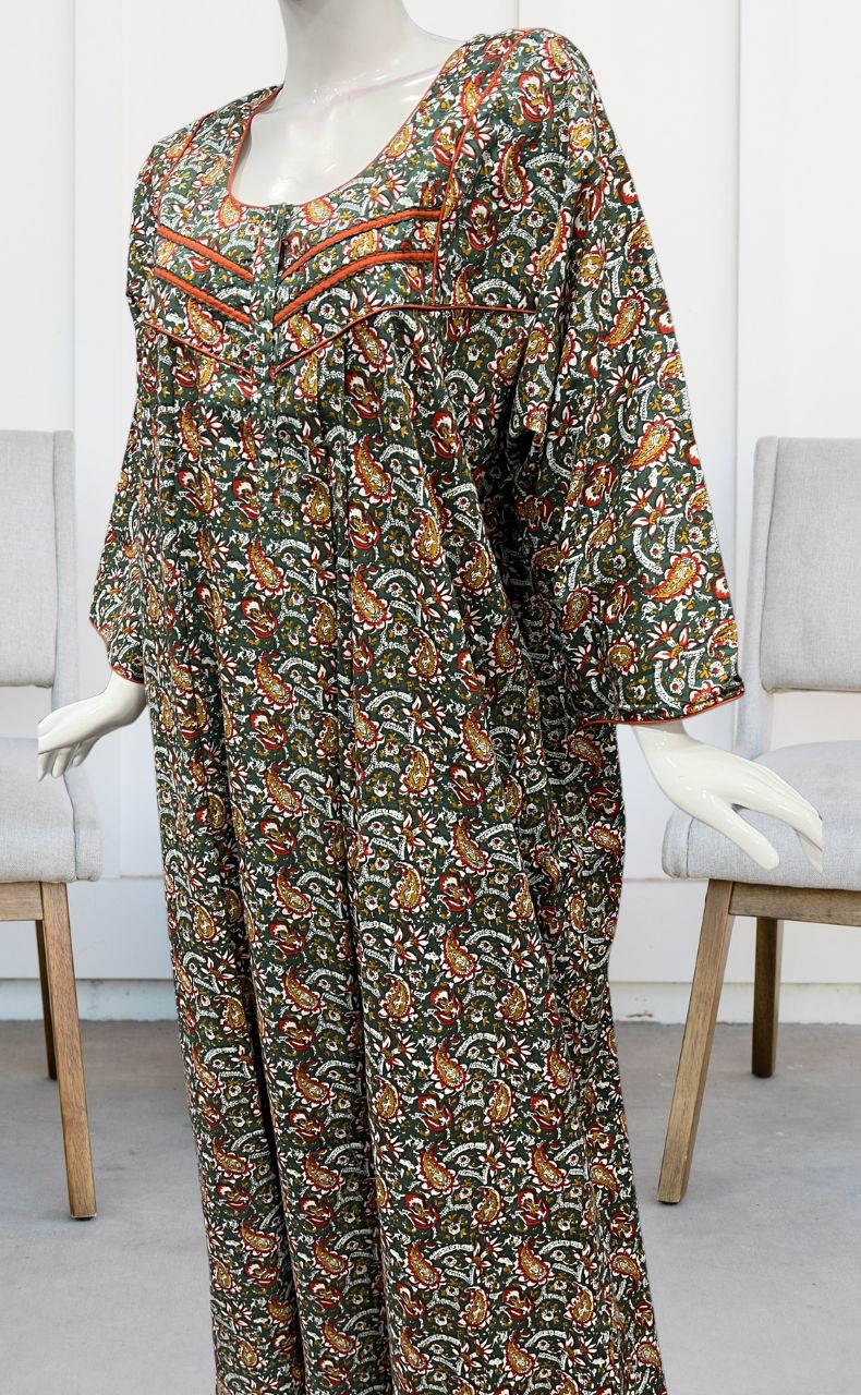 Green/Orange Manga Motifs Pure Cotton Long Sleeves Nighty.Soft Breathable Fabric | Laces and Frills - Laces and Frills